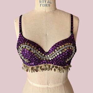 Vintage 90s Frederick’s of Hollywood Purple Gold Sequin Beaded Showgirl Bra